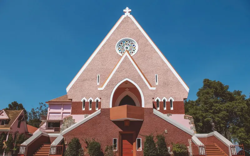 The pink Domaine de Marie church in Da Lat