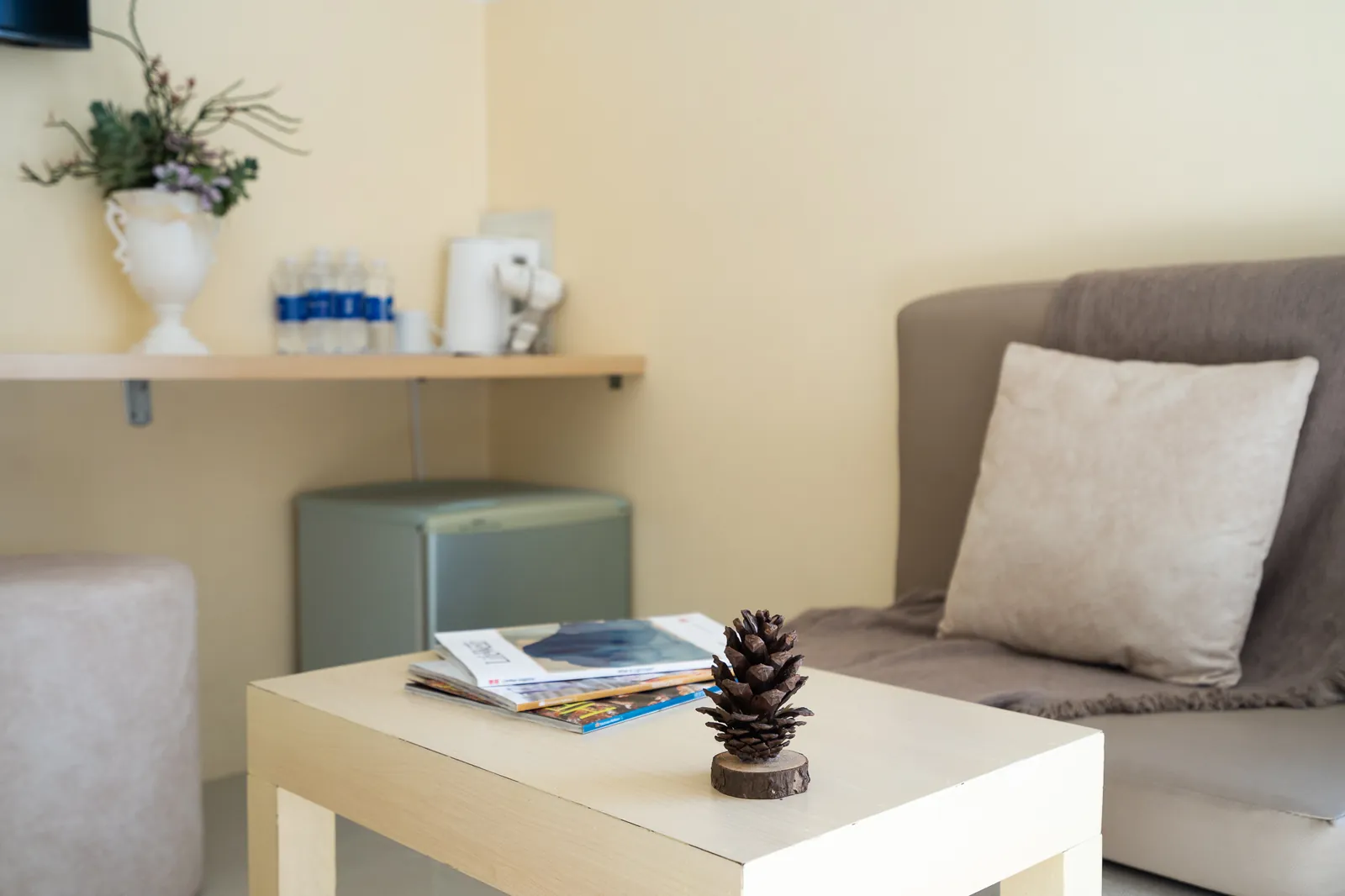 Góc ghế bành, bàn trà nhỏ và bàn làm việc trong phòng Family View